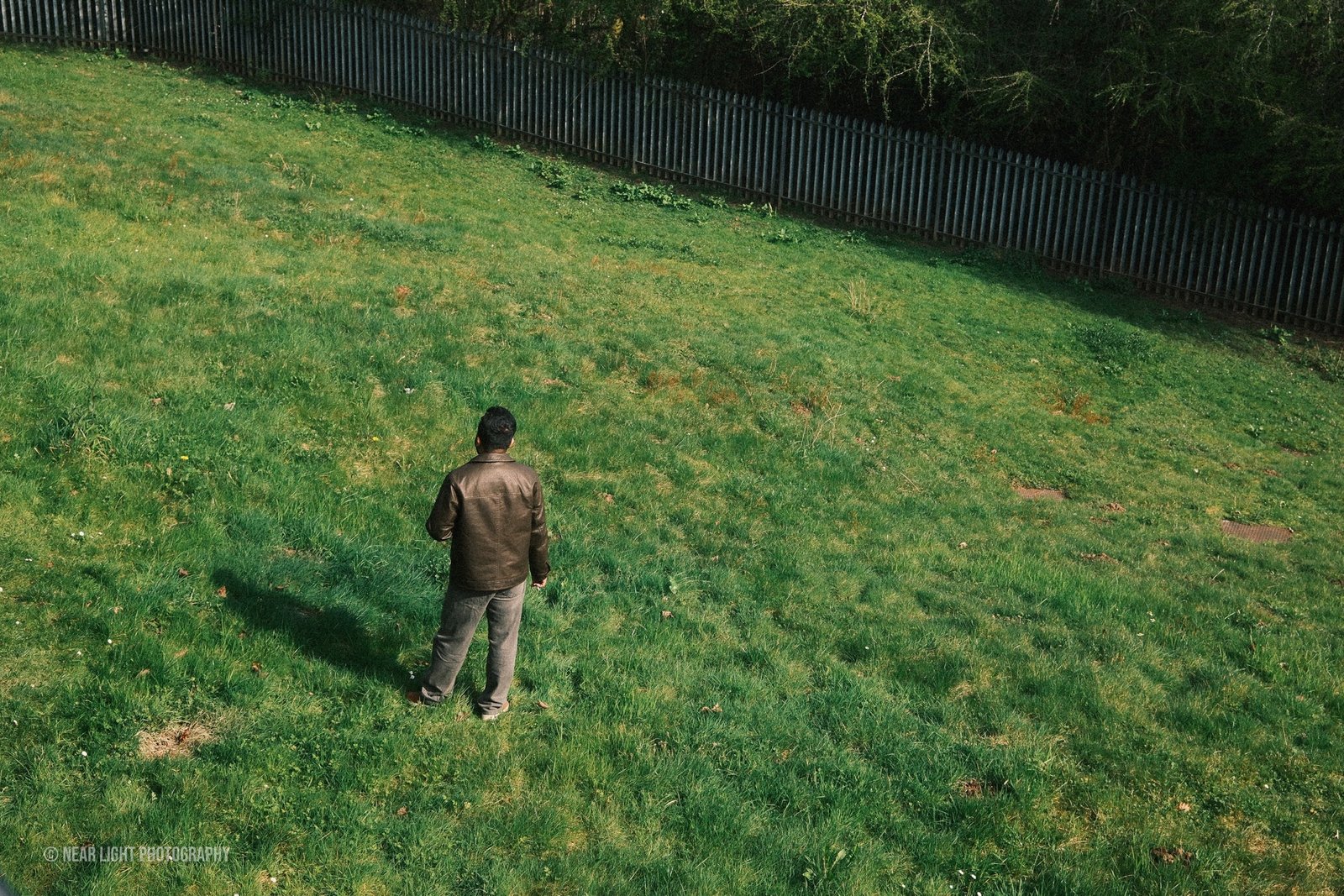 Person standing in a green field from above